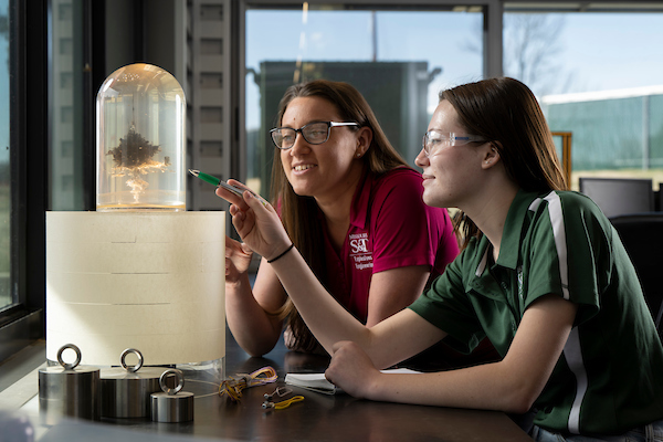 Dr. Catherine Johnson, the Robert H. Quenon Associate Professor of Mining Engineering, and Isabella Kestle, and undergraduate student in chemical engineering, study an exploded detonator inside ballistics gel.